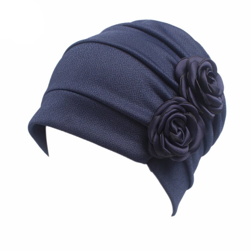 HONENNA Ruffle Chemo Turban Headband Scarf Beanie Cap Hat for Cancer Patient (Wine+Navy Blue) - Image 3